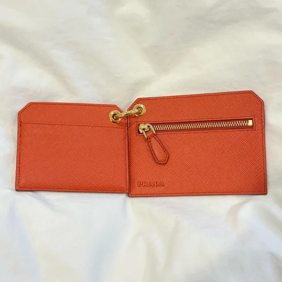 Prada Orange Saffiano Leather Banana Charm Keychain Wallet Card Case - Picture 6 of 9